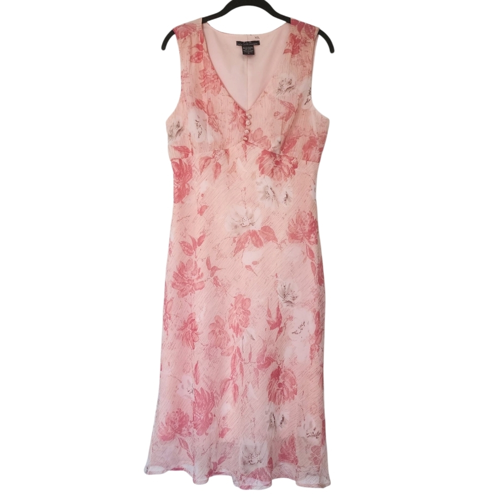 F.L.P peachy/coral floral midi chiffon dress, sleeveless, y2k, size 12